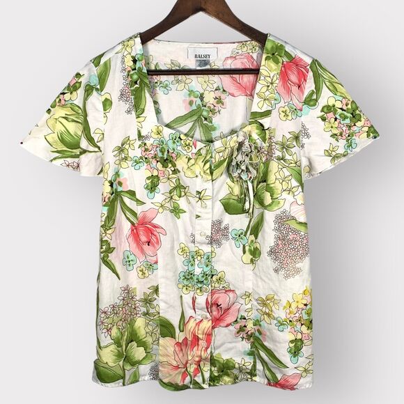 Ralsey Top Women 1X Multicolor Floral Rosette Linen Button-Front Square Neck C46 - Picture 1 of 11